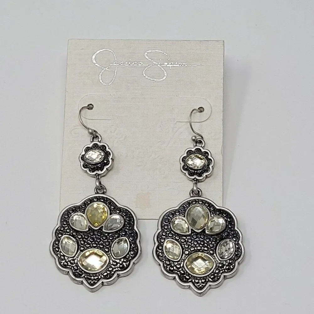 Jessica Simpson Silver Tone‎ Rhinestone Medallion Dangle Earrings Pierced Hook